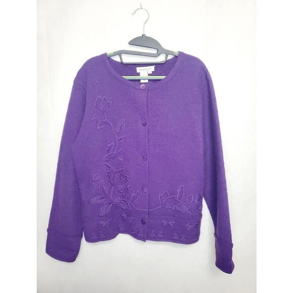 Vintage 100% Wool Coldwater Creek Embroidered Leaves Purple Cardigan Grandma - Picture 1 of 10